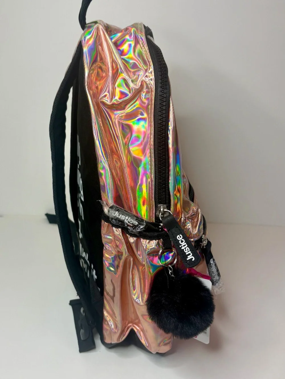 Justice Girls Holographic Iridescent Backpack Rose Gold Pom Pom NWT